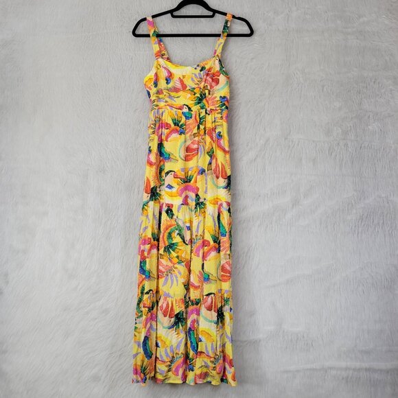 Farm Rio Yellow Textured Tropical Floral Swiss Dot Tiered Maxi Dress Medium - Picture 2 of 14